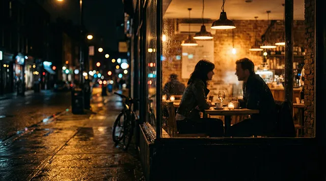 Two people in conversation at a wine bar